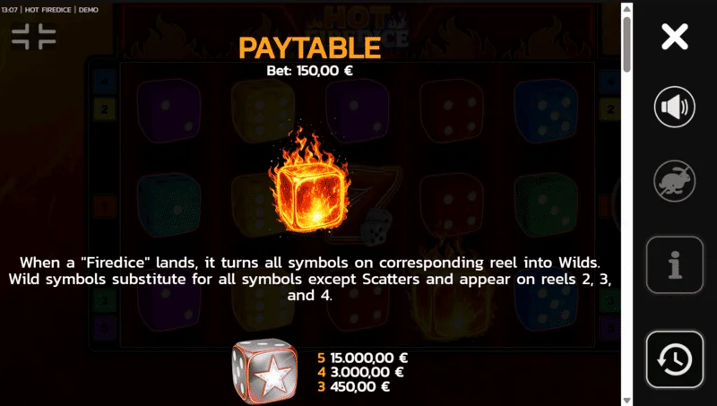 Hot Fire Dice - simbolet dhe Scatter Pays në fushë